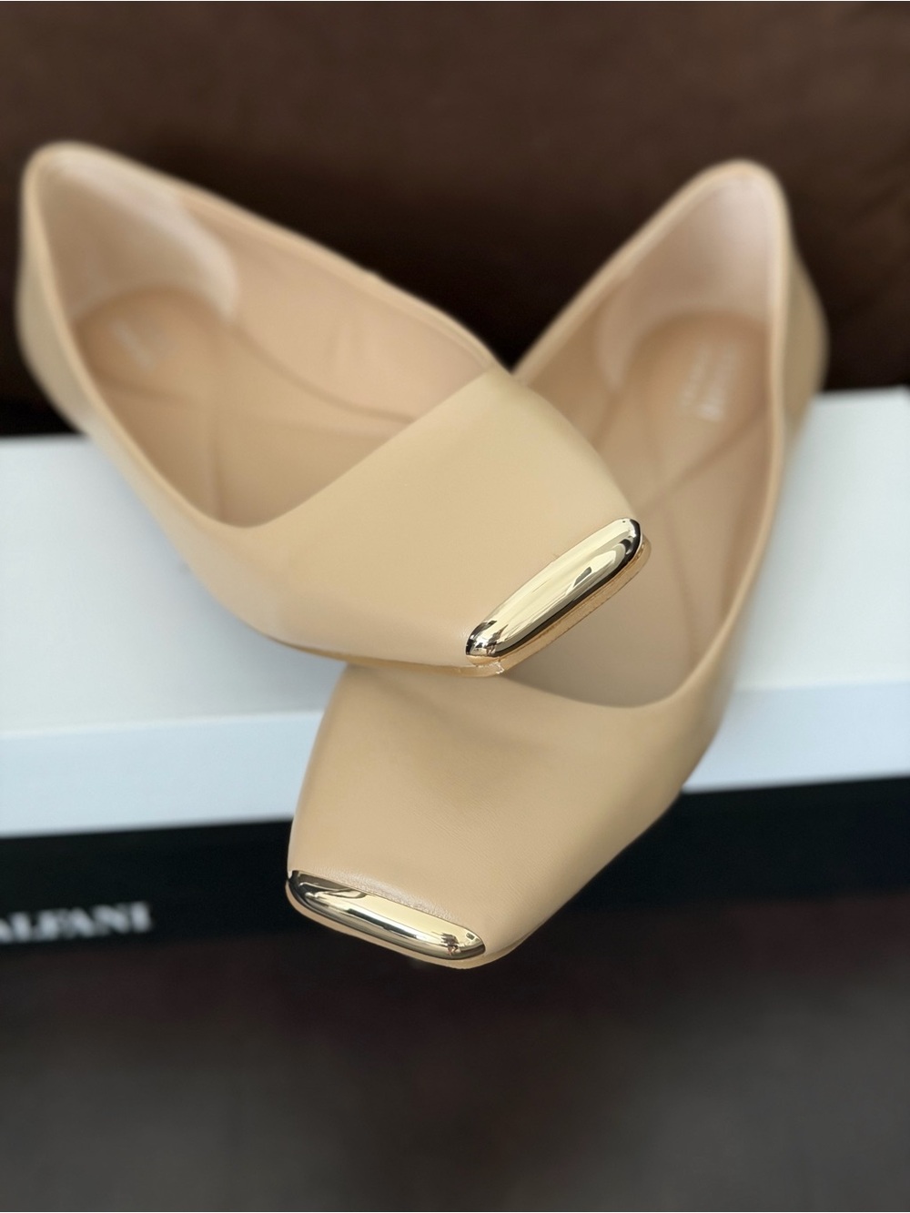 Alfani Beige Pointed Toe Flats with Gold Cap